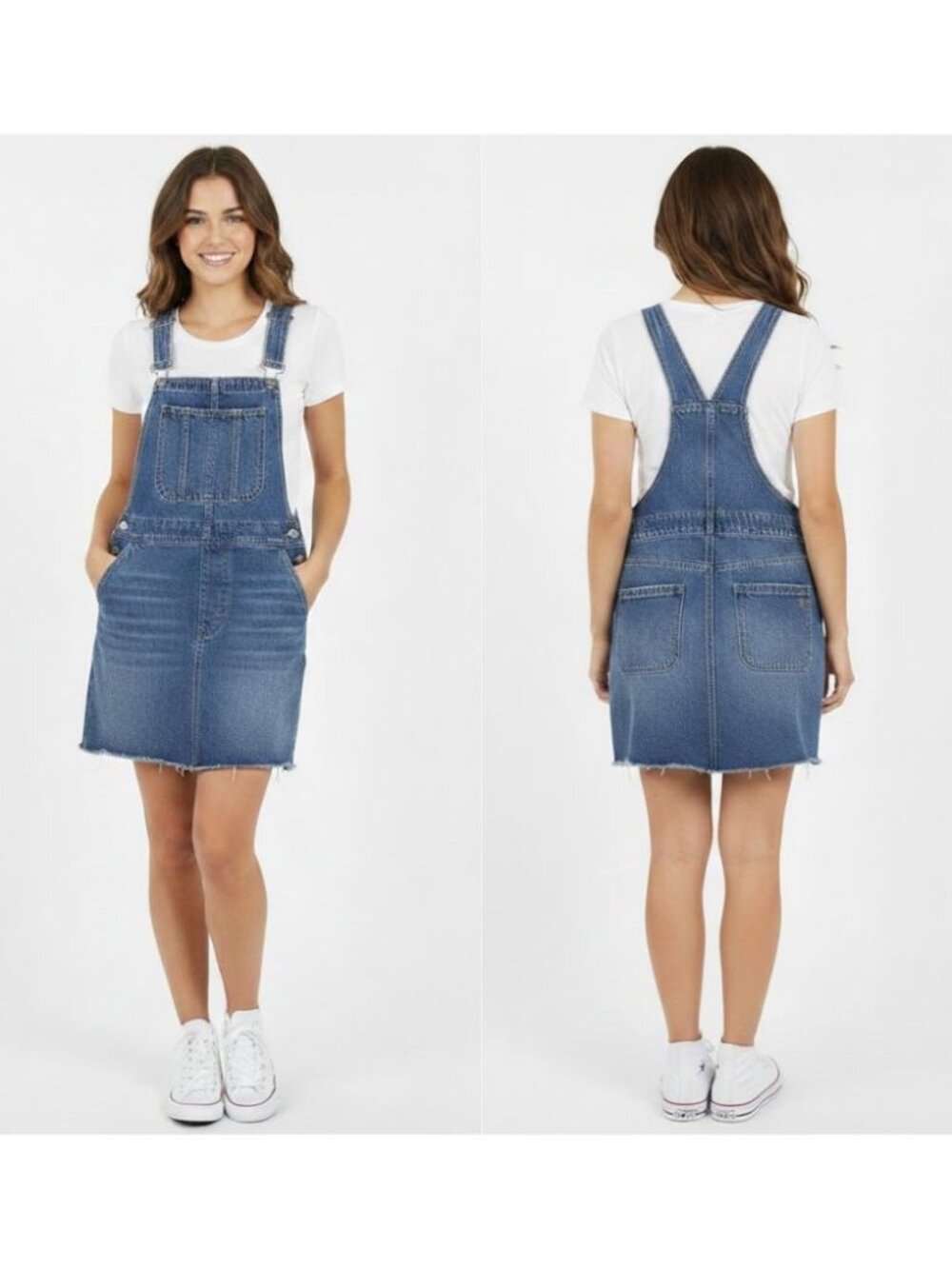 ⭐American Eagle Womens Medium Denim Overall Dress Skirtall Frayed Hem Blue Jean